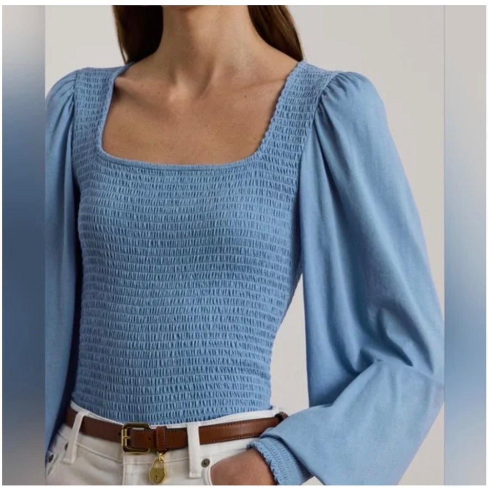 Lauren Ralph Lauren Smocked Jersey Blouson Sleeve Top Sky Blue XL